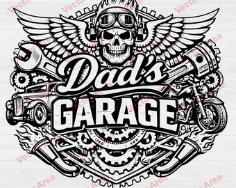 Archivo SVG DXF de garaje para papá, logotipo de mecánico de calavera, emblema de automóvil vintage, letrero de garaje para coche y motocicleta, grabado láser con Cricut Glowforge