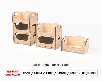 Stackable Storage Box Laser Cut Files, Stackable Wooden Crate, Wood Box, Vector Files For Wood Glowforge cut files, DXF DWG