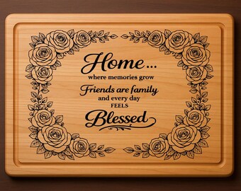 Archivo de grabado láser SVG para decoración de tablas de cortar, cita floral para el hogar, archivo de grabado DXF para tablas de charcutería, decoración de marco de rosas, archivos Glowforge