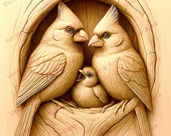 Ilusión 3D de familia de cardenales, archivo PNG de grabado láser de cardenal, pareja de cardenales grabada con láser, archivos Glowforge, PNG quemado con láser