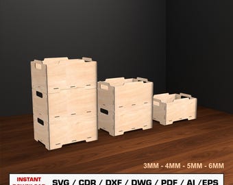 Stapelbare opbergdoos lasergesneden bestanden, stapelbare houten kist, houten kist, vectorbestanden voor hout Glowforge gesneden bestanden, DXF DWG