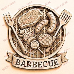 May include: A sepia-toned illustration of a barbecue scene. A round grill holds a steak, sausages, and other grilled items. A banner below reads "BARBECUE". A fork and spatula flank the grill.