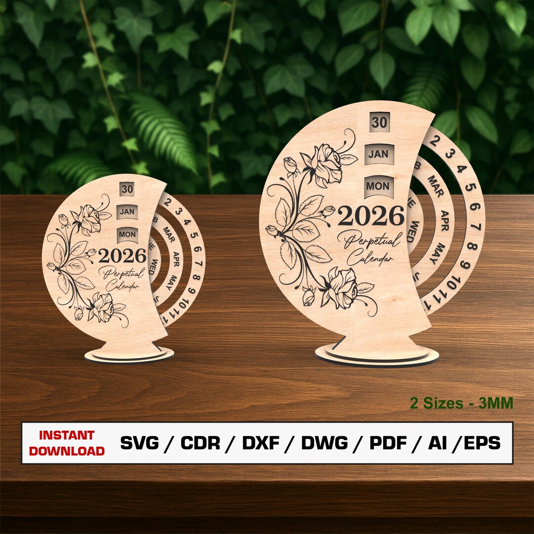 Perpetual Calendar Laser Cut File SVG, 2026 Desktop Calendar, Wood ...