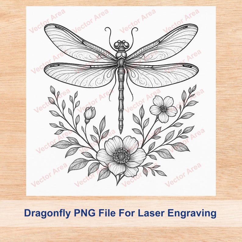 May include: Black and white dragonfly illustration with detailed wings and body, set above floral and leaf elements. The image includes the text "Dragonfly PNG File For Laser Engraving".