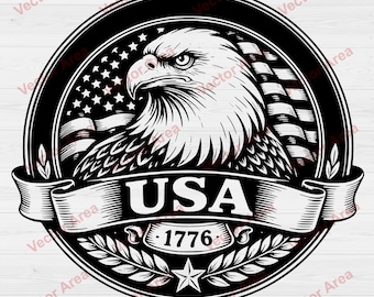 Insignia de águila de EE. UU. SVG, águila calva SVG, emblema patriótico de 1776, escudo estadounidense vintage, archivo de corte para grabado láser, DXF listo para grabar con láser