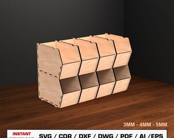 Stapelbare opbergdoos lasergesneden bestand, opbergdoos voor desktop, houten kist, vectorbestanden voor hout Glowforge gesneden bestanden, DXF DWG