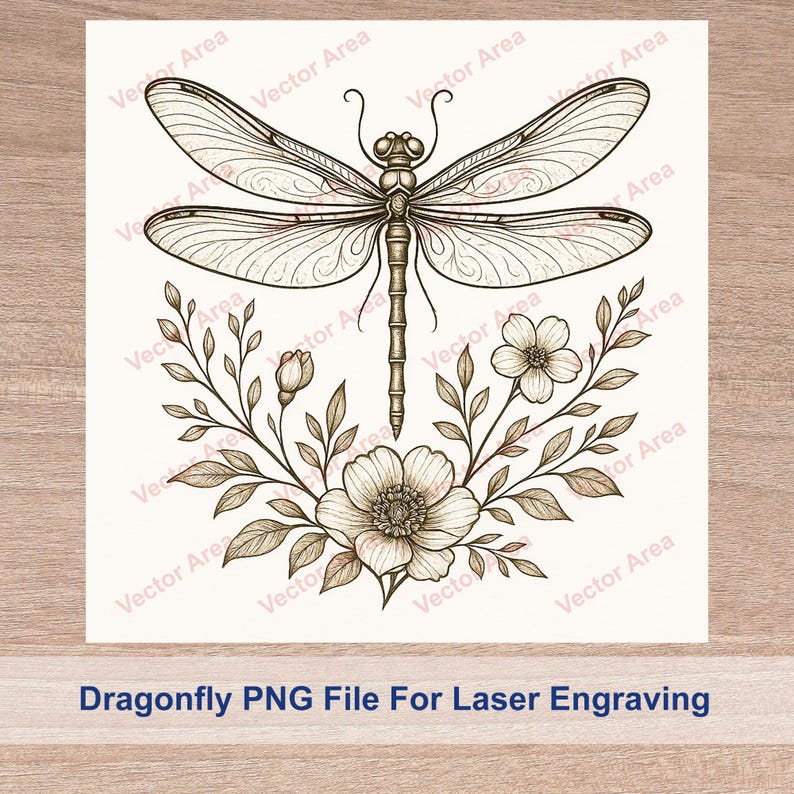 May include: A detailed illustration of a dragonfly with intricate wing patterns, positioned above a floral arrangement. The design is in shades of brown and beige, with the text "Dragonfly PNG File For Laser Engraving" at the bottom.