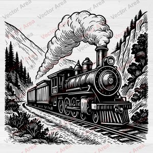 May include: Black and white illustration of a vintage steam train traveling through a mountain landscape. The train is emitting a large cloud of smoke. The image has a woodcut style with detailed lines.