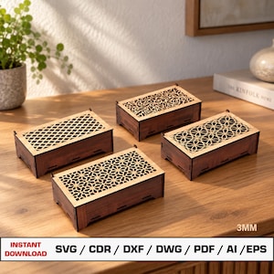May include: Four rectangular wooden boxes with laser-cut decorative lids featuring distinct geometric and floral patterns. The boxes have dark brown sides and light tan tops. Text at the bottom reads: 3MM INSTANT DOWNLOAD SVG / CDR / DXF / DWG / PDF / AI / EPS.