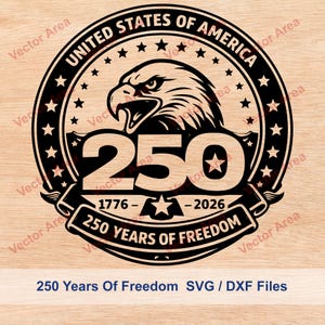 May include: A black and white graphic design with an eagle's head, the number 250, and the text "250 Years of Freedom." The design includes stars and the words "United States of America" and the years 1776-2026.