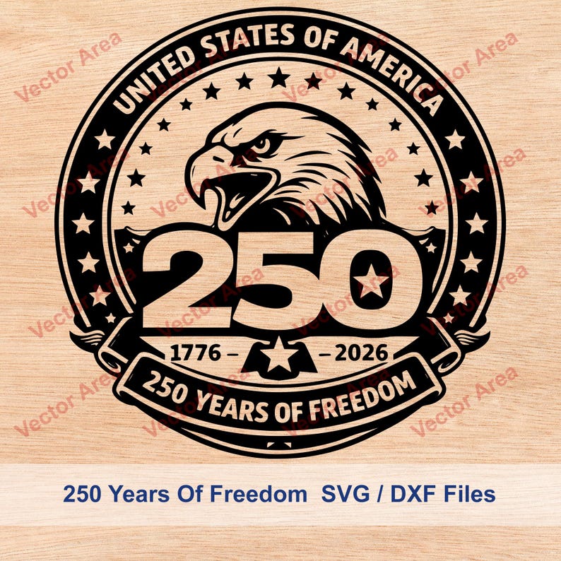 May include: A black and white graphic design with an eagle's head, the number 250, and the text "250 Years of Freedom." The design includes stars and the words "United States of America" and the years 1776-2026.