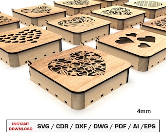 Archivos SVG de corte láser decorativo para joyero, caja de regalo con tapa, archivos vectoriales para madera, archivos de corte Glowforge, SVG, DXF, DWG