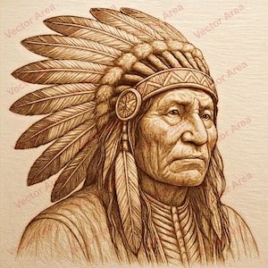 May include: A sepia-toned portrait of a Native American man wearing a traditional feathered headdress. The detailed drawing shows the man's face, adorned with a beaded headband and long, flowing hair. The image captures a sense of dignity and cultural heritage.