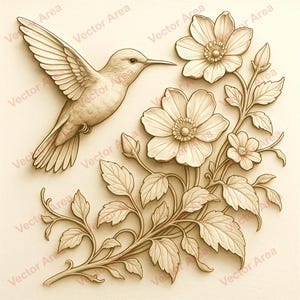 May include: A sepia-toned illustration of a hummingbird in flight, approaching a cluster of stylized flowers and leaves. The artwork features detailed shading and a three-dimensional effect, with the words "Vector Area" repeated around the edges.