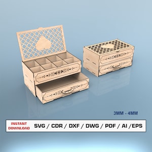 Kommode Laser Cut Datei, Desktop Organizer, Schmuckschatulle, Holzkiste Geschenkbox mit Deckel, Vektordateien für den Laser, SVG DXF DWG