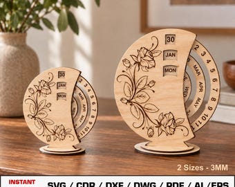 Perpetual Calendar Laser Cut File SVG, Rose Design Desktop Calendar, Wood Calendars, Vector Files For Wood Glowforge cut files, DXF DWG