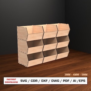 May include: A wooden storage organizer with three rows of angled compartments. The organizer is made of light-colored wood and has a geometric design. Text on the image reads "INSTANT DOWNLOAD SVG / CDR / DXF / DWG / PDF / AI / EPS" and "3MM - 4MM - 5MM".