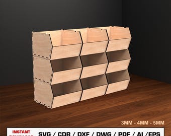Stapelbare opbergdoos lasergesneden bestand, opbergdoos voor desktop, houten kist, vectorbestanden voor hout Glowforge gesneden bestanden, DXF DWG brede doos groot