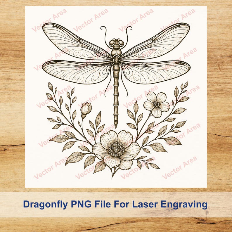 May include: A detailed illustration of a dragonfly with intricate wing patterns, positioned above a floral arrangement. The design is in shades of brown and beige, with the text "Dragonfly PNG File For Laser Engraving" at the bottom.