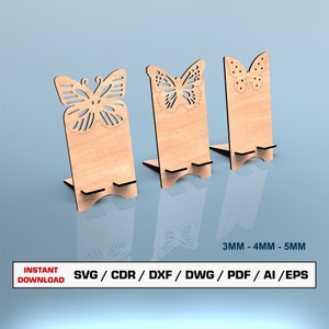 Plik do cięcia laserowego stojaka na telefon, uchwyt na telefon w kształcie motyla, pliki SVG do cięcia laserowego drewna Pliki do cięcia Glowforge, pliki Dxf do cięcia laserowego