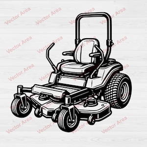 May include: Black and white illustration of a zero-turn riding lawn mower. The mower has a seat, steering handles, and large rear tires. The text "Vector Area" is repeated diagonally across the background.