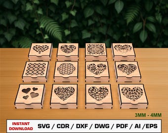 Archivo de corte láser para joyero decorativo, caja de regalo con tapa, archivos vectoriales para madera, archivos de corte Glowforge, SVG, DXF, DWG