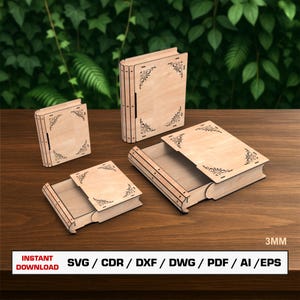 Boekendoos, opbergdoos, ladeboek, schuifboek lasergesneden bestand, desktoporganizer, Glowforge-snijbestanden, lasersnijden, dxf-bestanden voor laser