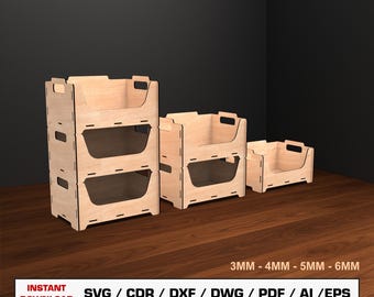 Stapelbare opbergdoos lasergesneden bestanden, stapelbare houten kist, houten kist, vectorbestanden voor hout Glowforge gesneden bestanden, DXF DWG