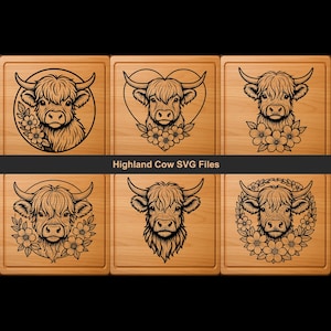 Puede incluir: Se muestran seis archivos SVG de vacas de las Tierras Altas. Cada diseño presenta una ilustración negra detallada de la cabeza de una vaca de las Tierras Altas, algunas con detalles florales, sobre un fondo de madera marrón claro. El texto "Highland Cow SVG Files" es visible.