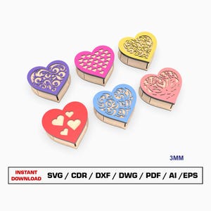 Schmuckschatulle Laser Cut Dateien, Geschenkbox mit Deckel, Herzbox, Vektordateien für Holz Glowforge Schnittdateien, SVG DXF DWG