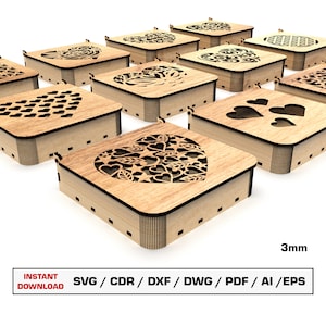 Pudełko na biżuterię dekoracyjne pliki cięte laserowo Svg, pudełko na prezent z pokrywką, pliki wektorowe do drewna pliki cięte Glowforge, SVG DXF DWG