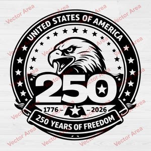 以下が含まれることがあります： 黒と白のグラフィックデザイン。ワシの頭、数字の250、そして「UNITED STATES OF AMERICA」の文字が特徴です。デザインには、1776年から2026年までの年号と「250 YEARS OF FREEDOM」というフレーズも含まれています。