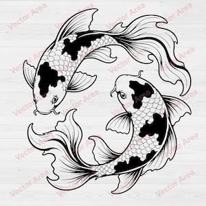 Può includere: Un'illustrazione a tratto in bianco e nero di due pesci koi che nuotano in formazione circolare. I pesci presentano motivi a scaglie dettagliati, pinne fluide e grandi macchie scure sui corpi, disposti in una composizione equilibrata e simmetrica.