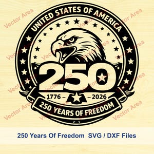 May include: A monochrome graphic design commemorating 250 years of freedom. The design includes an eagle's head, stars, and the text "UNITED STATES OF AMERICA" and "250 YEARS OF FREEDOM". The years 1776-2026 are also present.