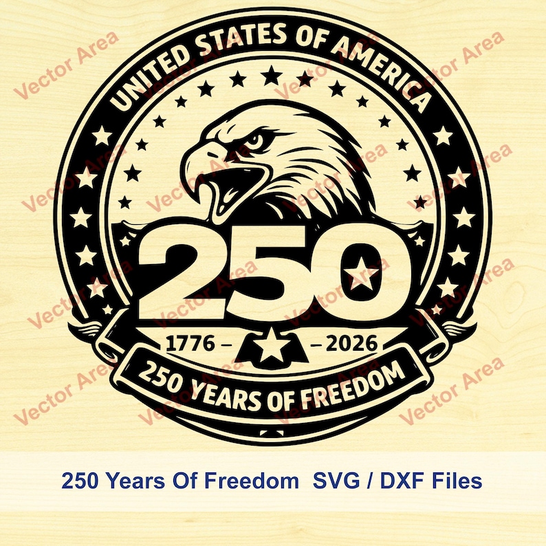 May include: A monochrome graphic design commemorating 250 years of freedom. The design includes an eagle's head, stars, and the text "UNITED STATES OF AMERICA" and "250 YEARS OF FREEDOM". The years 1776-2026 are also present.