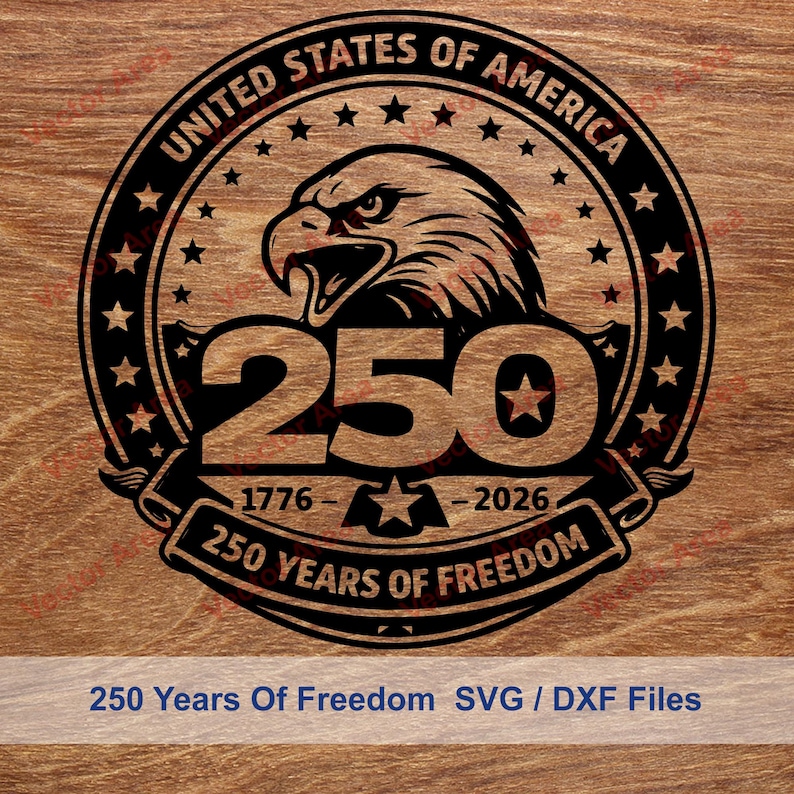 May include: A black and brown graphic design celebrating 250 years of freedom. The design features an eagle, stars, and the text "United States of America" and "250 Years of Freedom". The years 1776-2026 are also included.