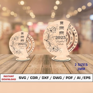 Eeuwigdurende kalender lasergesneden bestand SVG, 2025 desktopkalender, houten kalenders, vectorbestanden voor hout Glowforge gesneden bestanden, DXF DWG