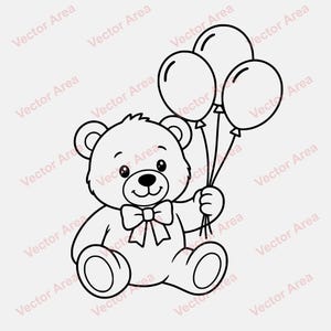 Pode incluir: Uma ilustração de arte linear em preto e branco de um urso de peluche sentado a usar uma gravata borboleta à volta do pescoço. O urso segura um grupo de três balões redondos pelos seus fios numa mão. O design apresenta contornos limpos.