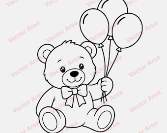 Teddy Bear SVG, Bear with Balloons Design, Cute Baby Shower SVG, Nursery Animal File, Birthday Bear Laser Engraving