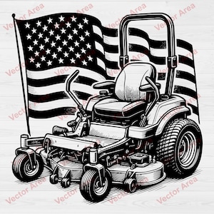 May include: Black and white illustration of a riding lawn mower with an American flag in the background. The mower has a seat, steering handles, and large tires. The flag features stars and stripes.
