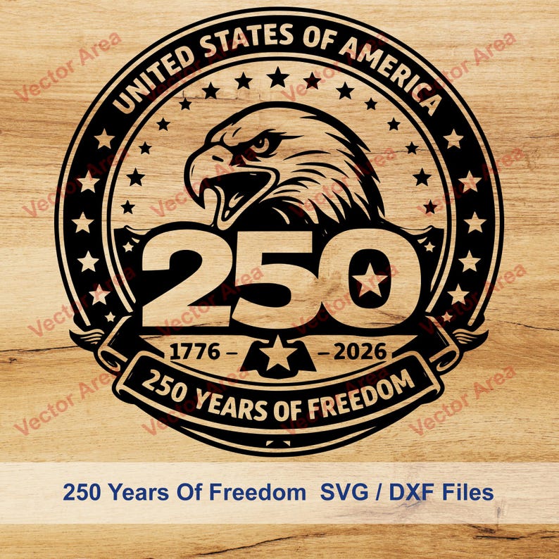May include: A black and white graphic design celebrating 250 years of freedom. The design features an eagle, stars, and the text "UNITED STATES OF AMERICA" and "250 YEARS OF FREEDOM". The years 1776-2026 are also included.