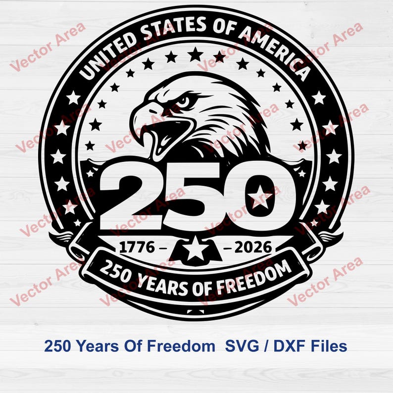 May include: A black and white graphic design commemorating 250 years of freedom. The design includes an eagle, the number 250, and the text "United States of America" and "250 Years of Freedom". The years 1776-2026 are also present.