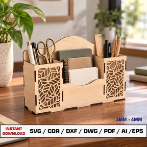 Potloodhouder lasersnijbestand, bureau-organizer, SVG-bestanden voor houtlasersnijden, Glowforge snijbestanden, DXF-bestanden voor laser, Xtool-bestand