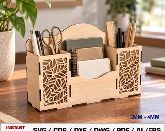 Archivo de corte láser para portalápices, organizador de escritorio, archivos SVG para corte láser de madera, archivos de corte Glowforge, archivos DXF para láser, archivo Xtool