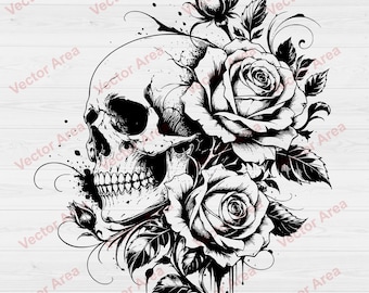 Calavera y rosas SVG, Calavera gótica SVG, Calavera floral DXF, Estilo tatuaje blanco y negro, Archivo de corte láser, Archivo de grabado láser, Arte mural gótico,