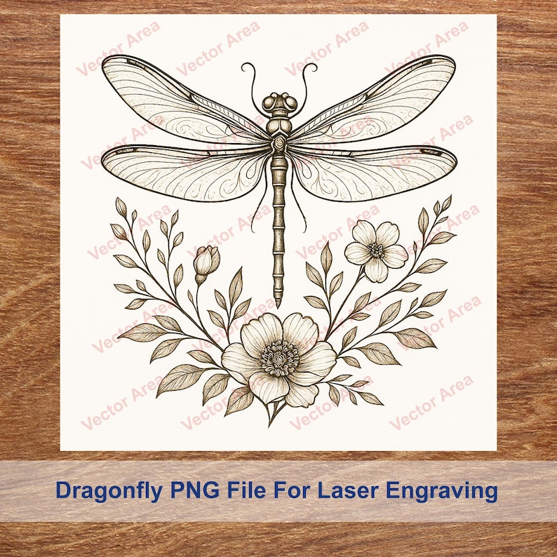 May include: A detailed illustration of a dragonfly with intricate wing patterns, positioned above floral and leaf elements. The image is a PNG file for laser engraving, with the text "Dragonfly PNG File For Laser Engraving" at the bottom.