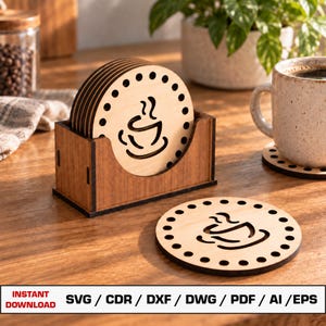 Archivo SVG para corte láser de posavasos, posavasos con caja, caja de madera, archivos vectoriales para corte de madera Glowforge, archivo Xtool, DXF DWG