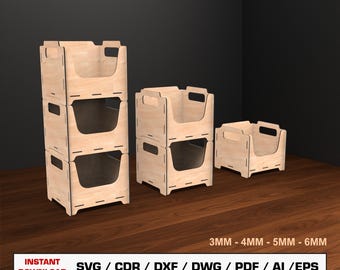 Stackable Storage Box Laser Cut Files, Stackable Wooden Crate, Wood Box, Vector Files For Wood Glowforge cut files, DXF DWG, Lightburn Files