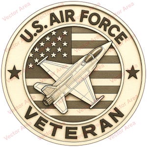 May include: A wooden emblem featuring the text "U.S. AIR FORCE VETERAN" encircling an American flag and a jet. Two stars flank the text. The design is in shades of brown and beige.