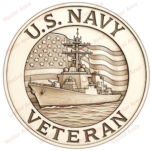 Puede incluir: Un emblema circular en tonos sepia que presenta una representación detallada de un buque de guerra de la Marina de los EE. UU. navegando sobre el agua, con la bandera estadounidense ondeando al fondo. Las palabras "U.S. NAVY VETERAN" están inscritas alrededor del borde.